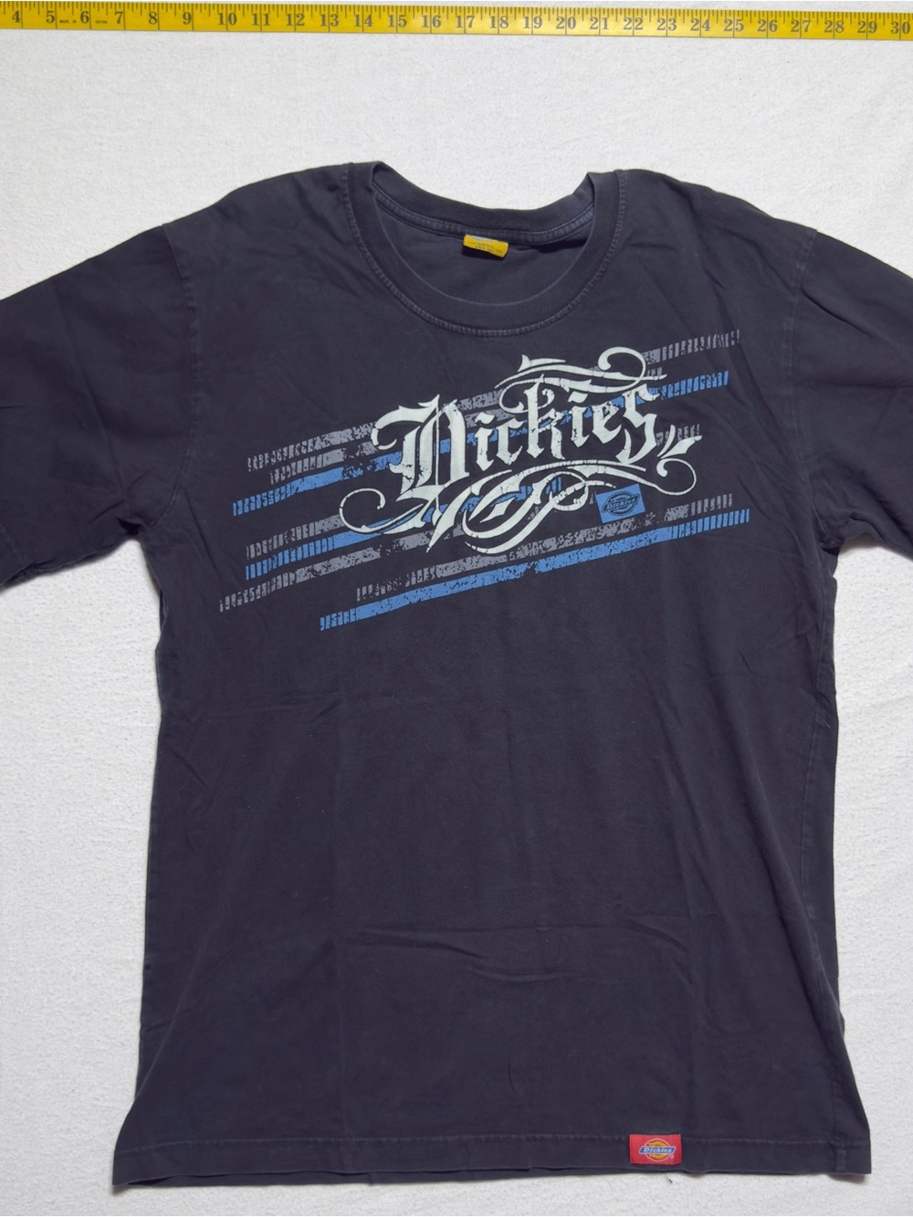 Dickies Black Short-Sleeve Tee with White Logo and Blue Stripes